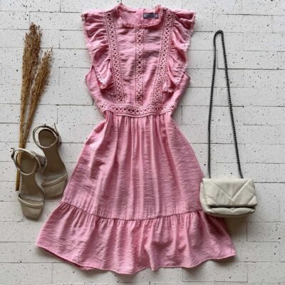 Dondoca_com_br Vestido Detalhe Babados E Gripier Frontal Rosa