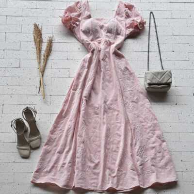 Dondoca_com_br Vestido Longo Bordado Detalhe Manguinha Com Elastico Rosa Claro