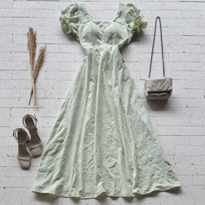 Dondoca_com_br Vestido Longo Bordado Detalhe Manguinha Com Elastico Verde