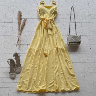 Dondoca_com_br Vestido Longo Detalhado Alcinha E Amarracao Fixa Amarelo