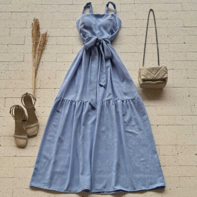 Dondoca_com_br Vestido Longo Detalhado Alcinha E Amarracao Fixa Azul