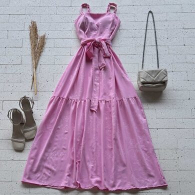 Dondoca_com_br Vestido Longo Detalhado Alcinha E Amarracao Fixa Rosa