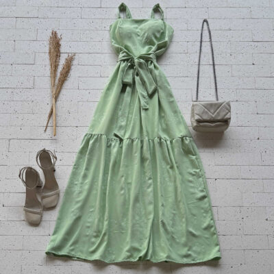 Dondoca_com_br Vestido Longo Detalhado Alcinha E Amarracao Fixa Verde