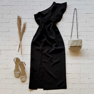 Dondoca_com_br Vestido Midi Um Ombro So Babados E Fenda Preto