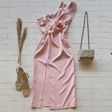 Dondoca_com_br Vestido Midi Um Ombro So Babados E Fenda Rosa