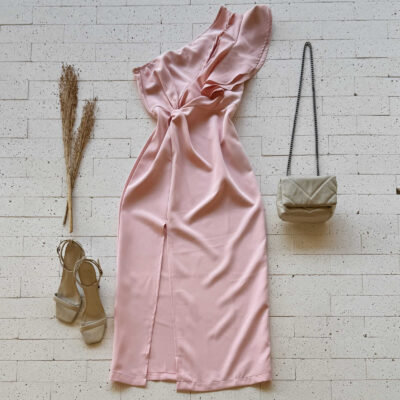 Dondoca_com_br Vestido Midi Um Ombro So Babados E Fenda Rosa