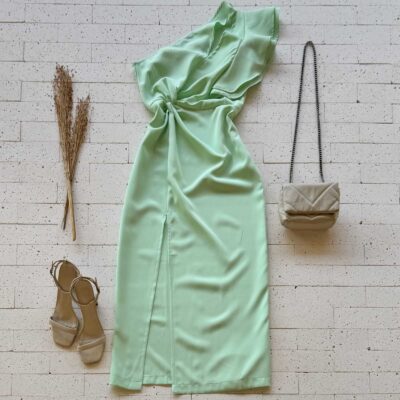 Dondoca_com_br Vestido Midi Um Ombro So Babados E Fenda Verde