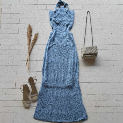 Dondoca_com_br Vestido Trico Longuete Com Fenda E Abertura Na Cintura Azul