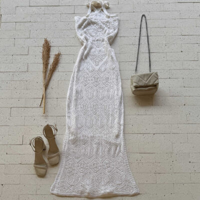 Dondoca_com_br Vestido Trico Longuete Com Fenda E Abertura Na Cintura Off