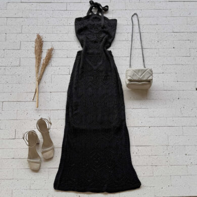 Dondoca_com_br Vestido Trico Longuete Com Fenda E Abertura Na Cintura Preto