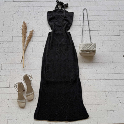 Dondoca_com_br Vestido Trico Longuete Com Fenda E Abertura Na Cintura Preto