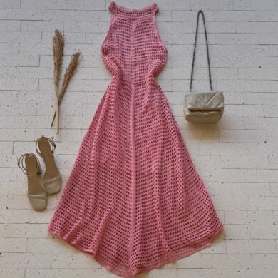 Dondoca_com_br Vestido Trico Longuete Ponto Vazado Rosa