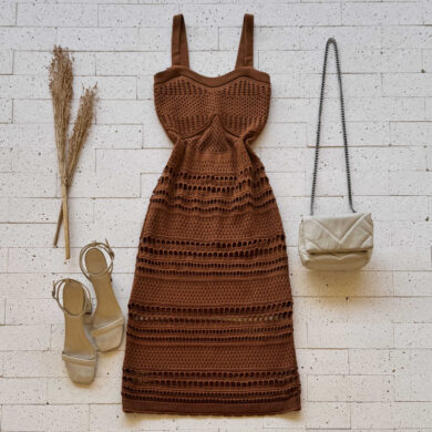 Dondoca_com_br Vestido Trico Midi Detalhado Marrom