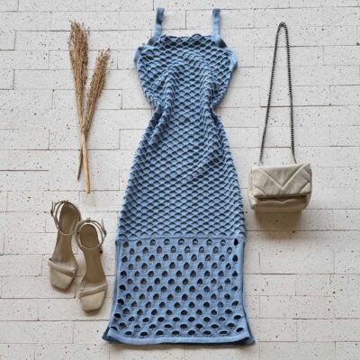 Dondoca_com_br Vestido Trico Midi Trama Colmeia Azul