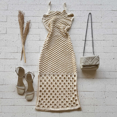 Dondoca_com_br Vestido Trico Midi Trama Colmeia Creme