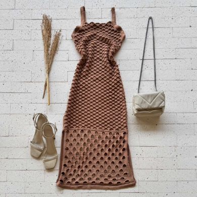 Dondoca_com_br Vestido Trico Midi Trama Colmeia Nude