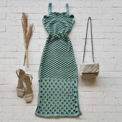 Dondoca_com_br Vestido Trico Midi Trama Colmeia Pistache