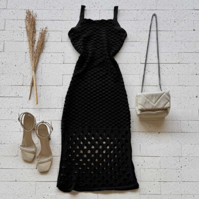 Dondoca_com_br Vestido Trico Midi Trama Colmeia Preto