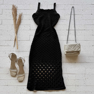 Dondoca_com_br Vestido Trico Midi Trama Colmeia Preto