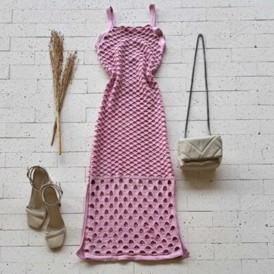Dondoca_com_br Vestido Trico Midi Trama Colmeia Rosa