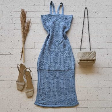 Dondoca_com_br Vestido Trico Midi Trama Detalhado Azul