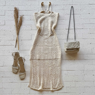 Dondoca_com_br Vestido Trico Midi Trama Detalhado Creme