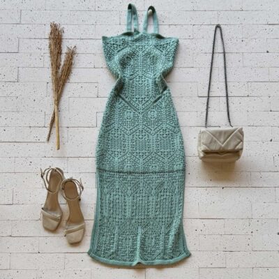 Dondoca_com_br Vestido Trico Midi Trama Detalhado Pistache