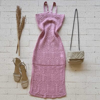 Dondoca_com_br Vestido Trico Midi Trama Detalhado Rosa