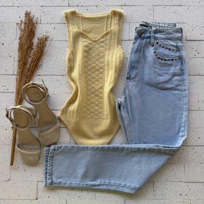 BODY MODAL DECOTE PRINCESA DETALHE TRAMA FRONTAL AMARELO