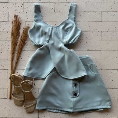 Dondoca_com_br Conjunto Alfaiataria Blusa Detalhe Abertura E Short Saia Azul