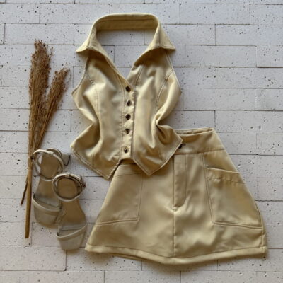 CONJUNTO ALFAIATARIA CROPPED GOLINHA E SHORT SAIA PREMIUM OFF