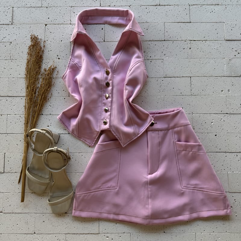 CONJUNTO ALFAIATARIA GOLINHA E SHORT SAIA PREMIUM ROSA