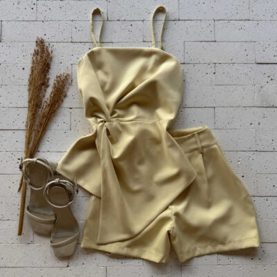 Dondoca_com_br Conjunto Alfaiataria Regata Assimetrica Nozinho E Short Amarelo