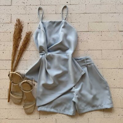 Dondoca_com_br Conjunto Alfaiataria Regata Assimetrica Nozinho E Short Azul