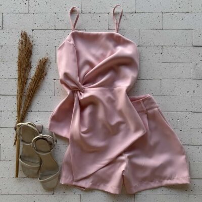 Dondoca_com_br Conjunto Alfaiataria Regata Assimetrica Nozinho E Short Rosa