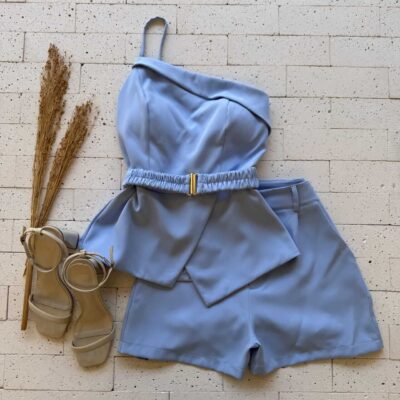 Dondoca_com_br Conjunto Alfaiataria Regata Com Cinto Drapeado E Short Azul