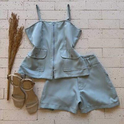 CONJUNTO ALFAIATARIA REGATA COM ZIPER E SHORT AZUL