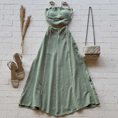 CONJUNTO CROPPED E SAIA MIDI BICOLOR VERDE