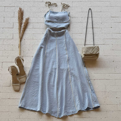 CONJUNTO CROPPED E SAIA MIDI BICOLOR AZUL