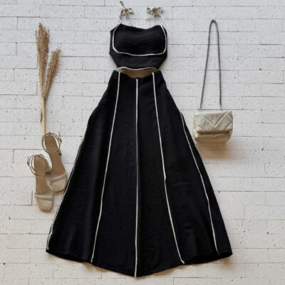 CONJUNTO CROPPED E SAIA MIDI BICOLOR PRETO