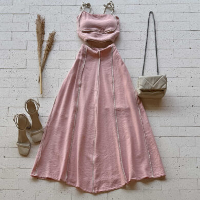 CONJUNTO CROPPED E SAIA MIDI BICOLOR ROSA
