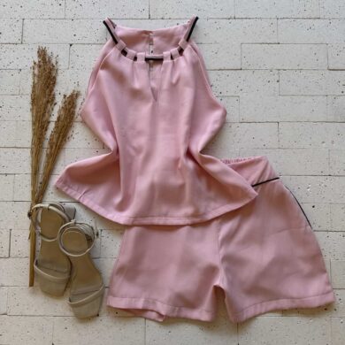 Dondoca_com_br Conjunto Marrant Blusa Detalhe Gola E Short Rosa