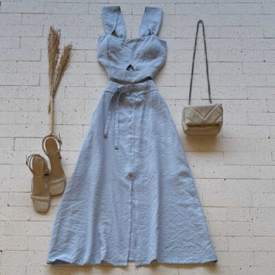 CONJUNTO MARRANT CROPPED ALÇA LARGA E SAIA MIDI COM FENDA AZUL