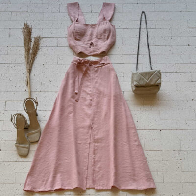 CONJUNTO MARRANT CROPPED ALÇA LARGA E SAIA MIDI COM FENDA ROSA