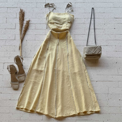 CONJUNTO CROPPED E SAIA MIDI BICOLOR AMARELO