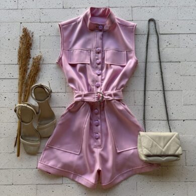 MACAQUINHO ALFAIATARIA COM ELÁSTICO NA CINTURA E CINTO PREMIUM ROSA