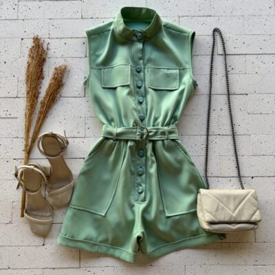 MACAQUINHO ALFAIATARIA COM ELÁSTICO NA CINTURA E CINTO PREMIUM VERDE