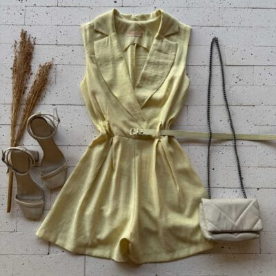 Dondoca_com_br Macaquinho Golinha E Cinto Fino Amarelo