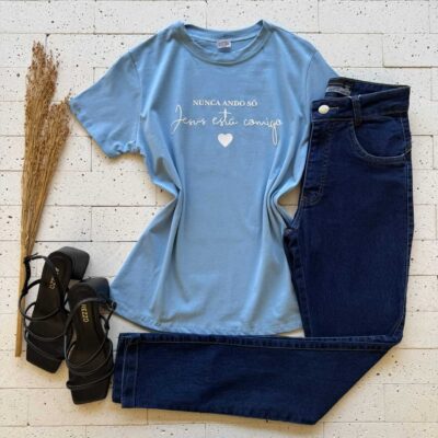 Dondoca_com_br T Shirt Algodao Estampa Jesus Esta Comigo Azul