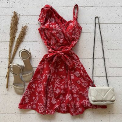 Dondoca_com_br Vestido Bordado Laco No Ombro E Amarracao Fixa Vermelho